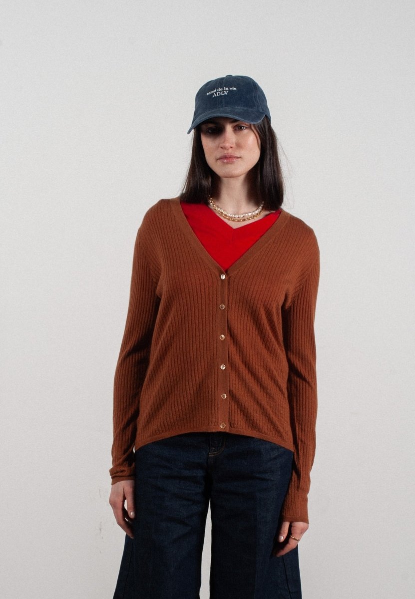 Cardigan col V femme en cachemire et laine ajouré ultrafin marron clair - FRIDA 3