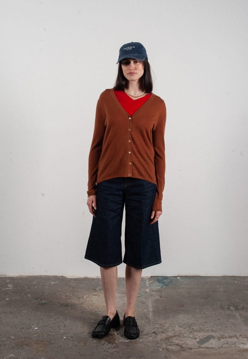 Cardigan col V femme en cachemire et laine ajouré ultrafin marron clair - FRIDA 3