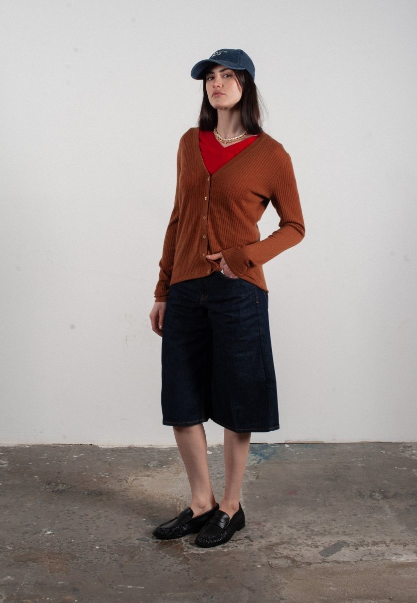 Cardigan col V femme en cachemire et laine ajouré ultrafin marron clair - FRIDA 3