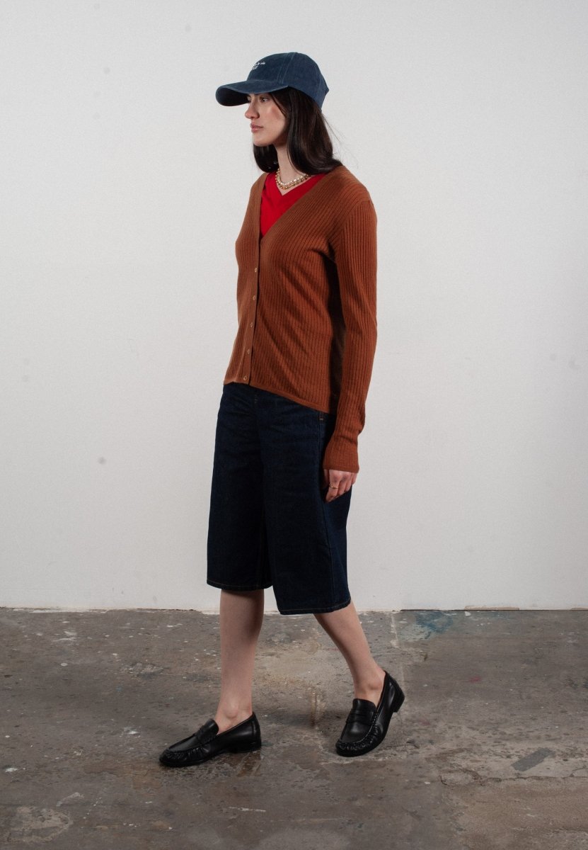 Cardigan col V femme en cachemire et laine ajouré ultrafin marron clair - FRIDA 3