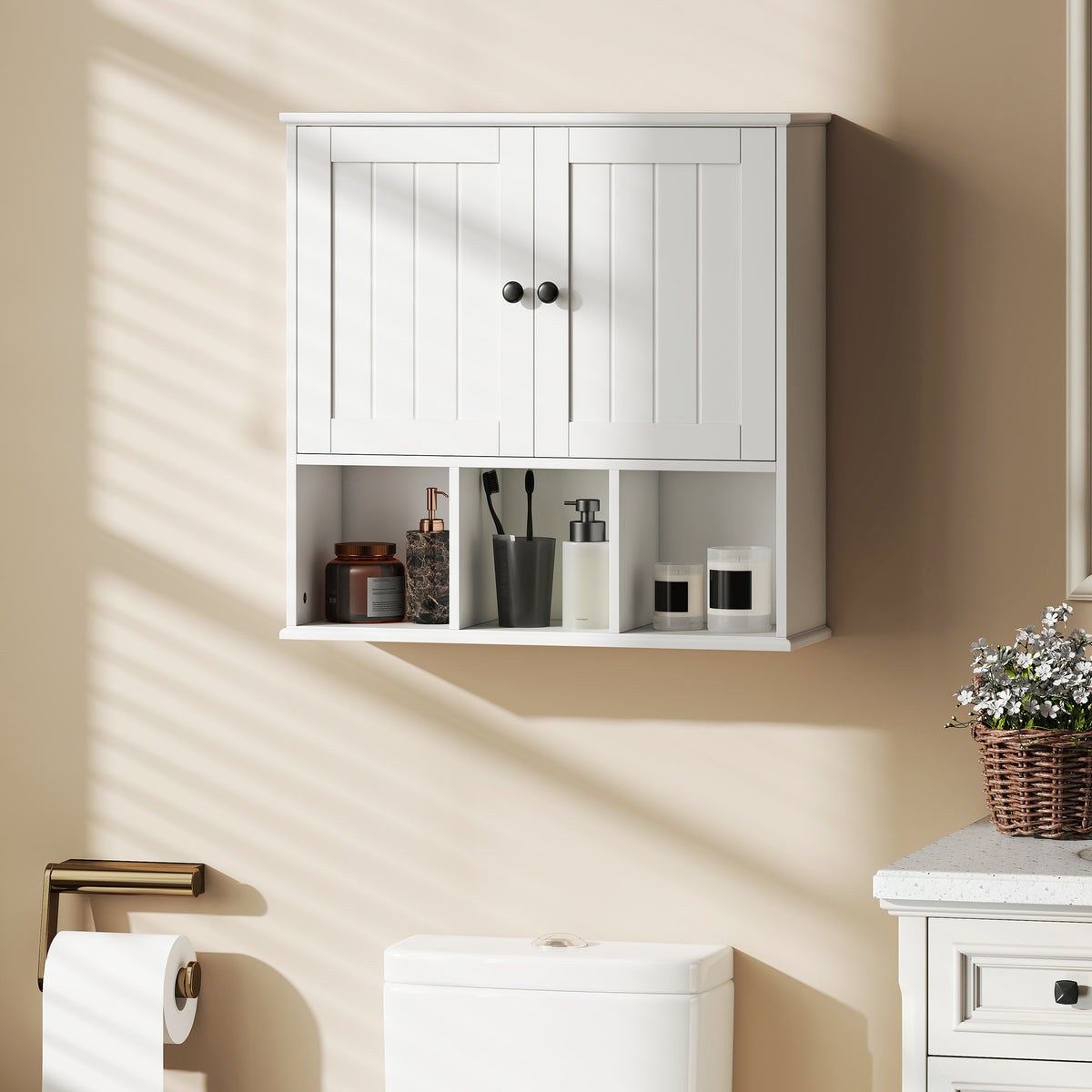 Armoire murale de salle de bain, meuble de rangement avec 2 portes, étagère réglable et compartiments ouverts, blanc