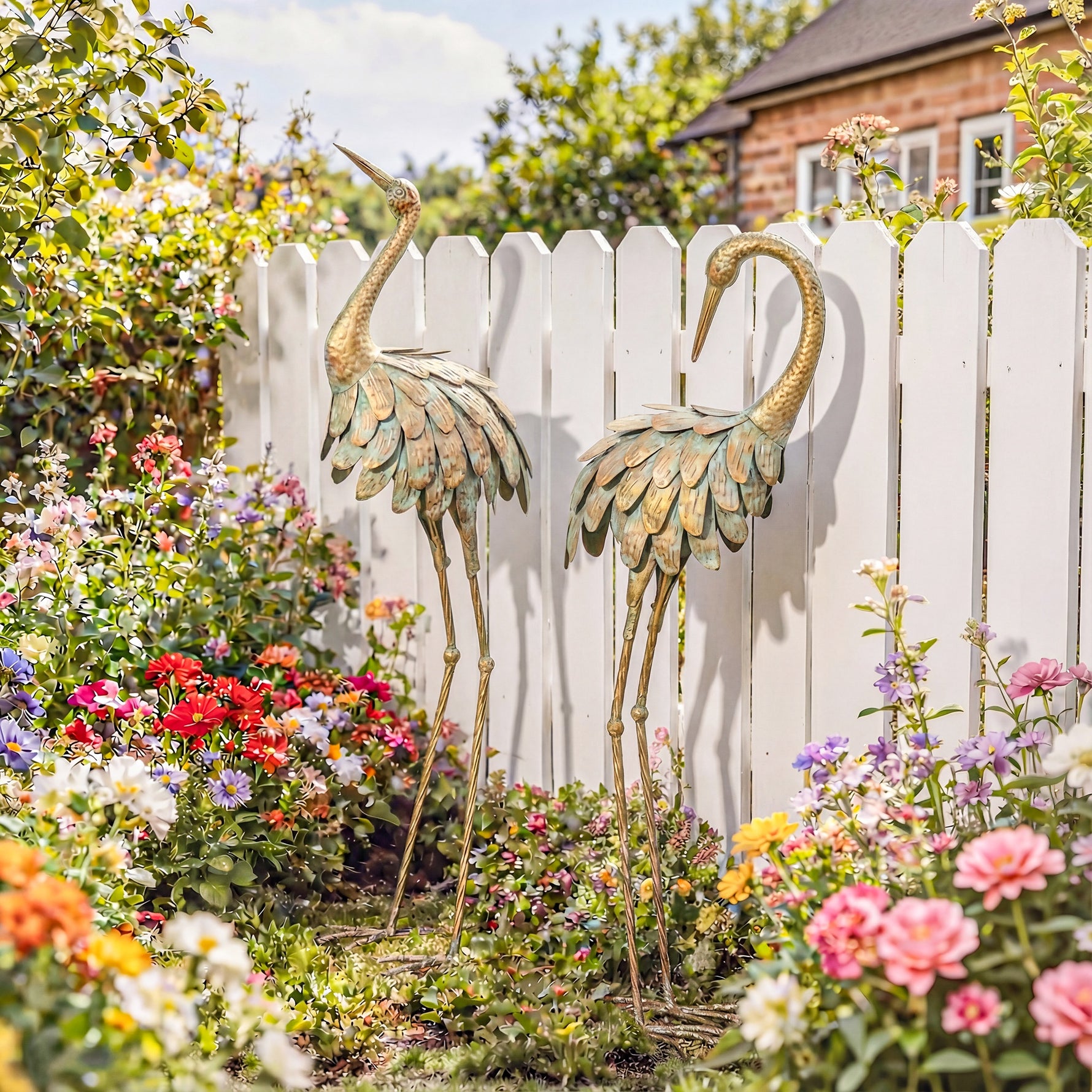 Lot de 2 Statues de Jardin, Sculpture de Héron en Métal, Statues d'oiseaux 91/95cm, pour Cour, Étang, Terrasse, or/bleu