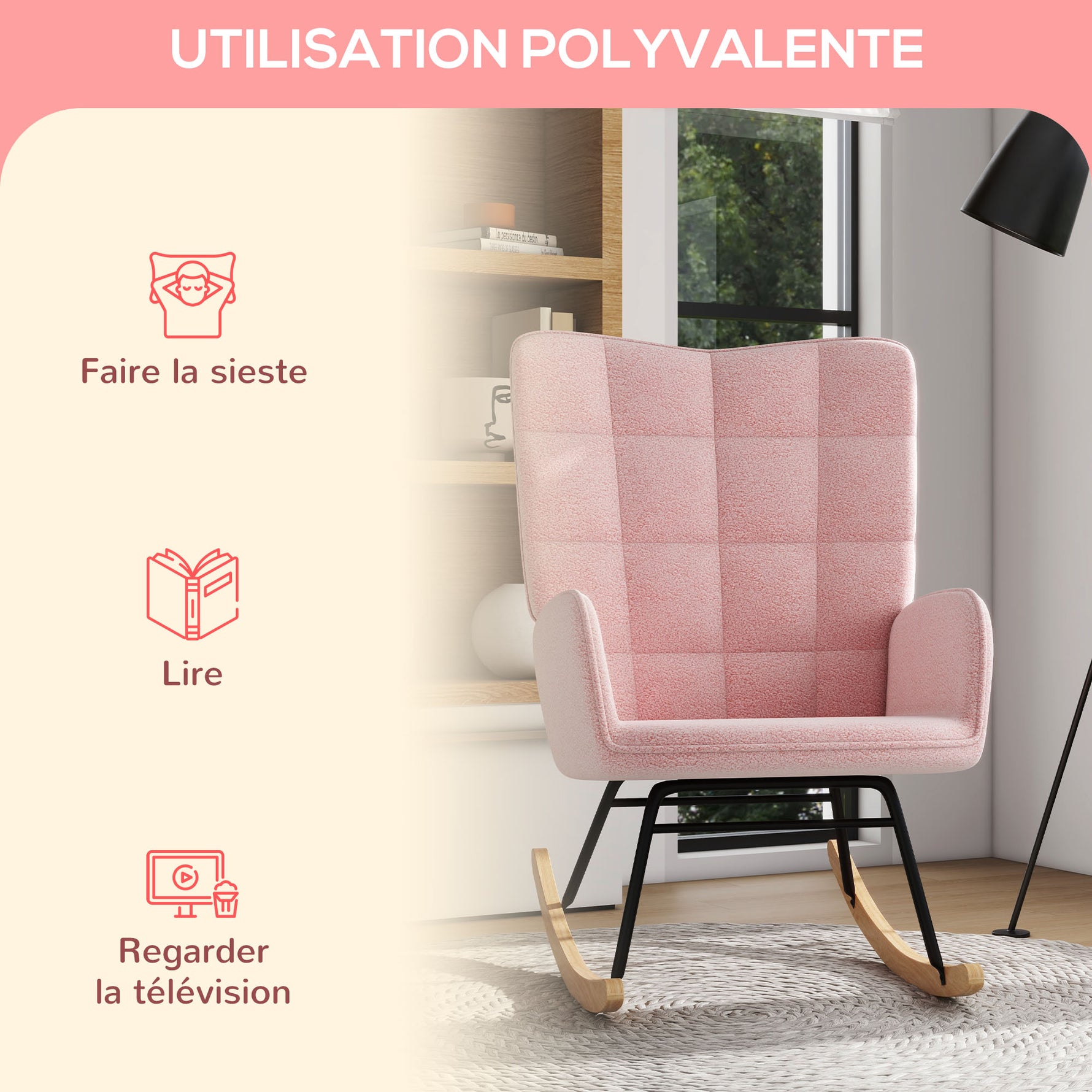 Fauteuil à bascule rocking chair revêtement bouclette structure en acier 71 x 98 x 101 cm rose