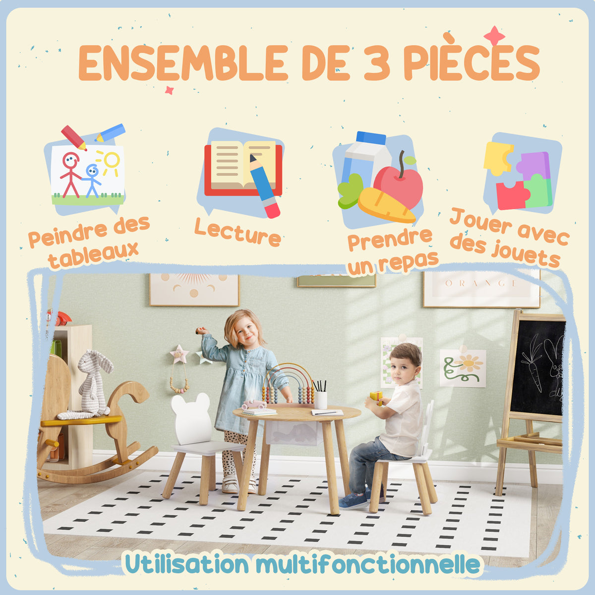 Ensemble 1 table ronde, 2 chaises pour enfant 3 pièces, dossier en forme d'ours, activités, bricolage, repas, 3-6 ans