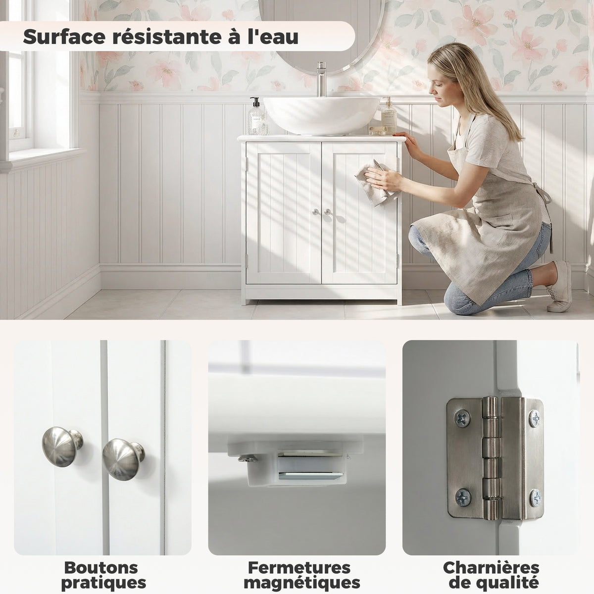 Meuble salle de bain sous lavabo - meuble sous-vasque - placard 2 portes avec étagère - dim. 60L x 30l x 60H cm - en bois blanc