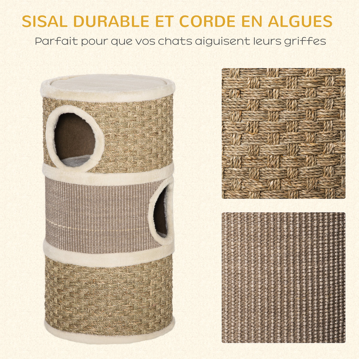 Tonneau à Gratter pour Chat, Arbre à Chat Sisal Naturel et Herbiers Marins Recouvert de Peluche, 37,5 x 37,5 x 70 cm, Kaki et Café