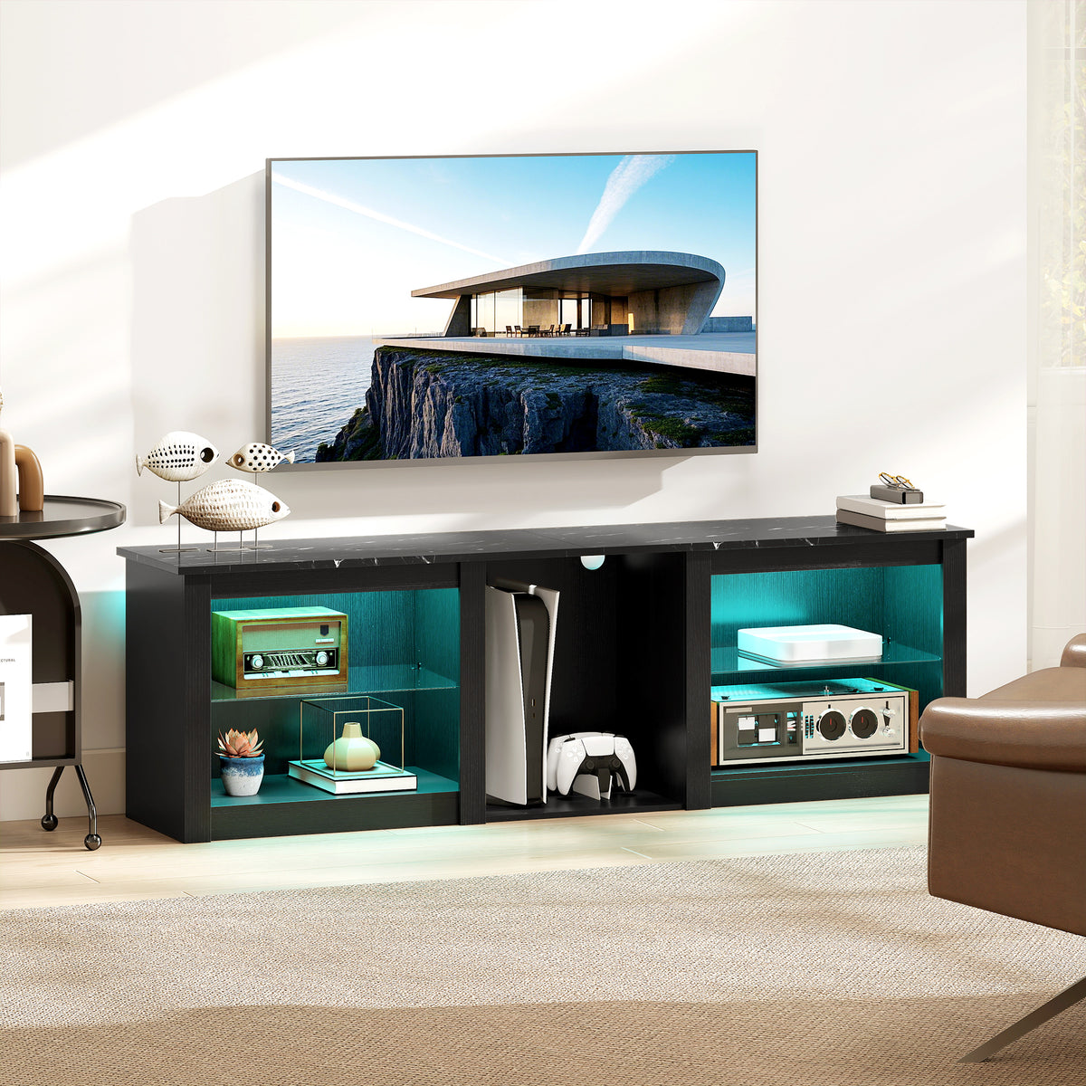 Meuble TV avec éclairage LED pour télévision jusqu'à 70 pouces, 160cm avec étagères en verre réglables, noir