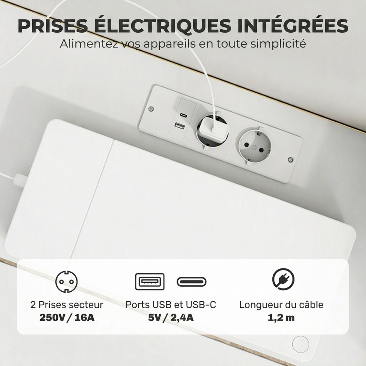 Meuble TV Suspendu Flottant 120 cm avec Éclairage LED et Prises, Meuble Télé pour Téléviseur 65 Pouces, Blanc