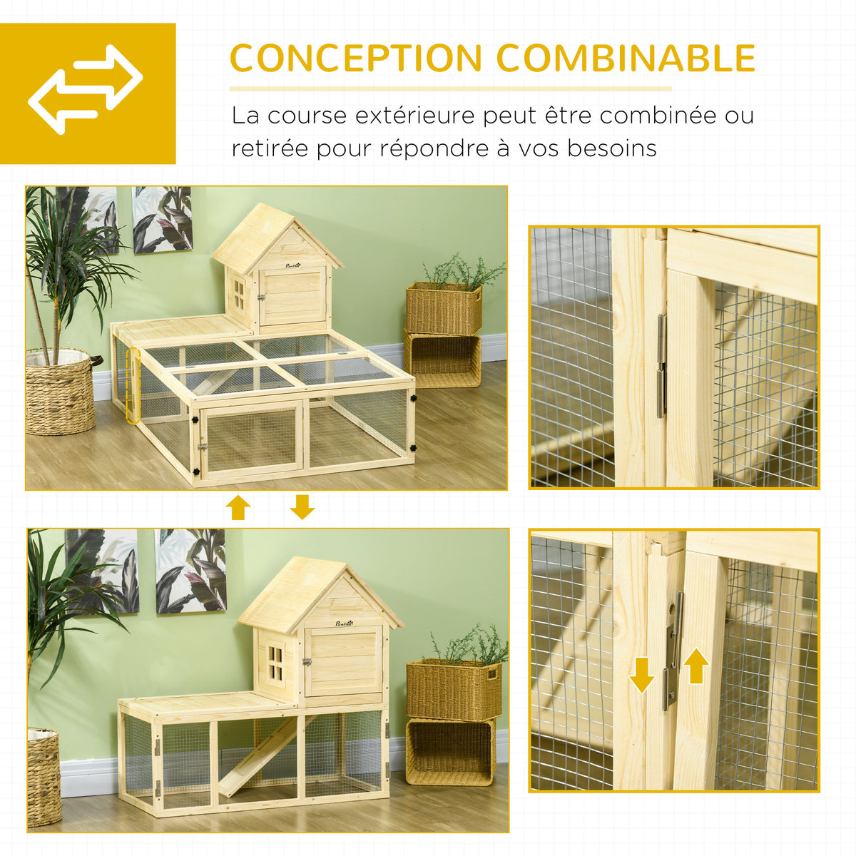 Conejera de madera con recinto para animales, villa para conejos de 2 niveles con área de juego, rampa y puertas con cerradura