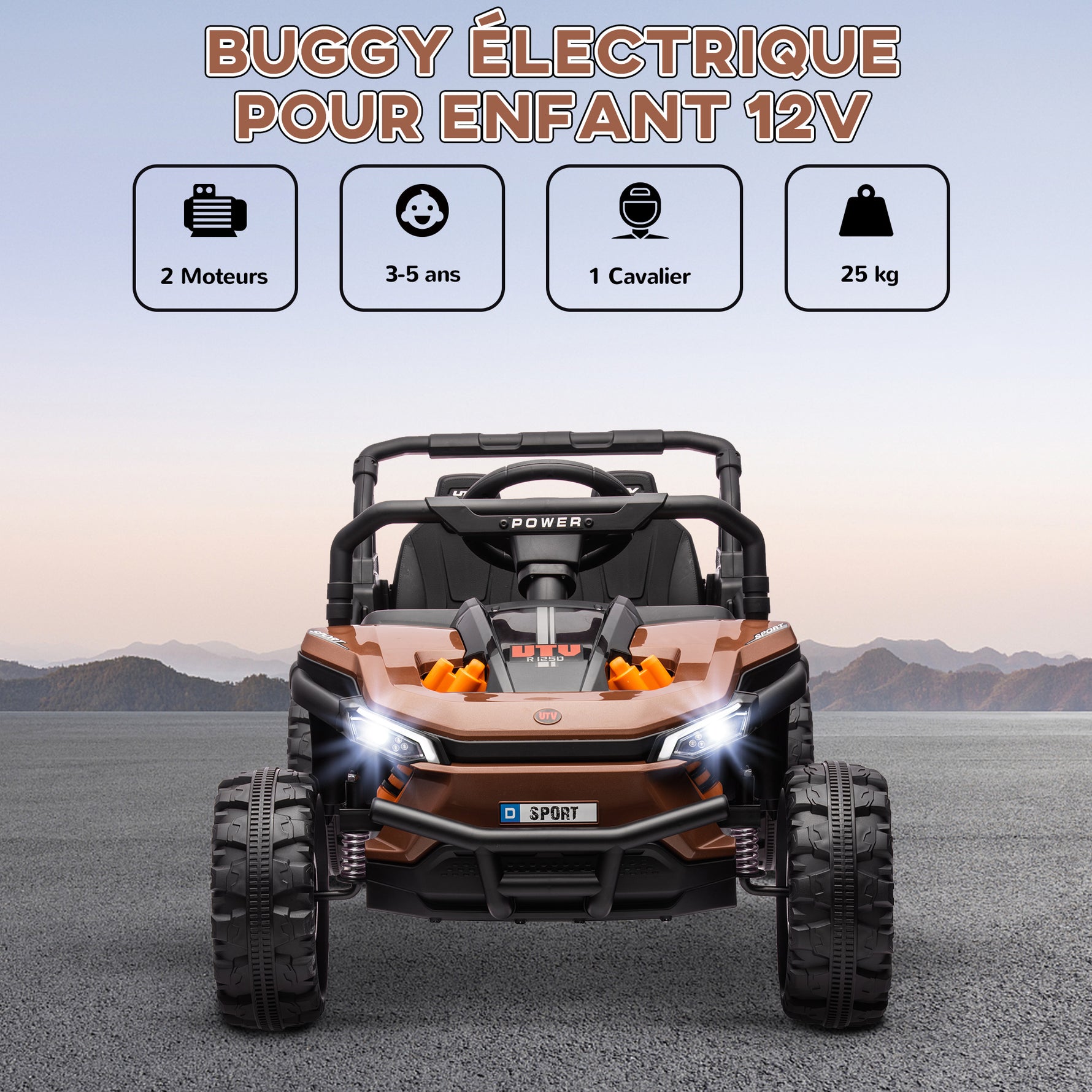 Voiture électrique enfant UTV buggy électrique enfant avec télécommande 2.4Ghz 2 moteurs 103L x 69l x 59H cm marron