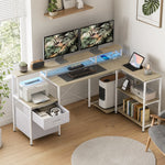 Bureau d'angle avec prises et lumières LED RGB, bureau d'ordinateur, 172 x 100 cm, support d'écran, 2 tiroirs, blanc