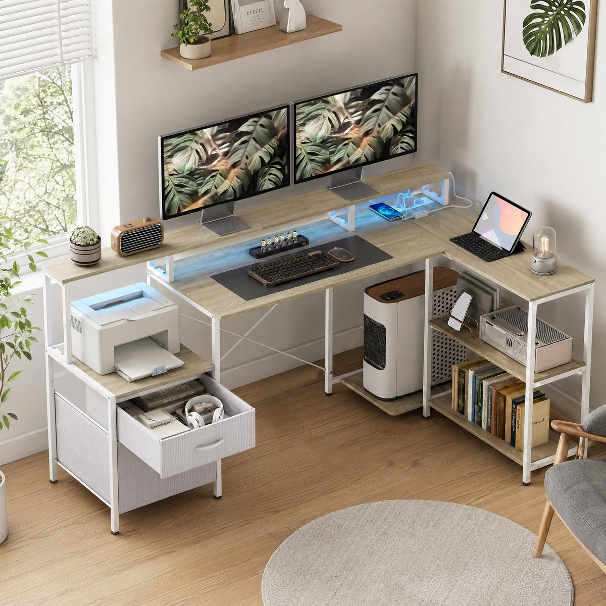 Bureau d'angle avec prises et lumières LED RGB, bureau d'ordinateur, 172 x 100 cm, support d'écran, 2 tiroirs, blanc