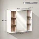 Armoire murale, meuble salle de bain avec miroir, miroir salle de bain avec rangement, placard à portes et 6 compartiments ouverts, 60 x 14,5 x 49,4 cm, blanc