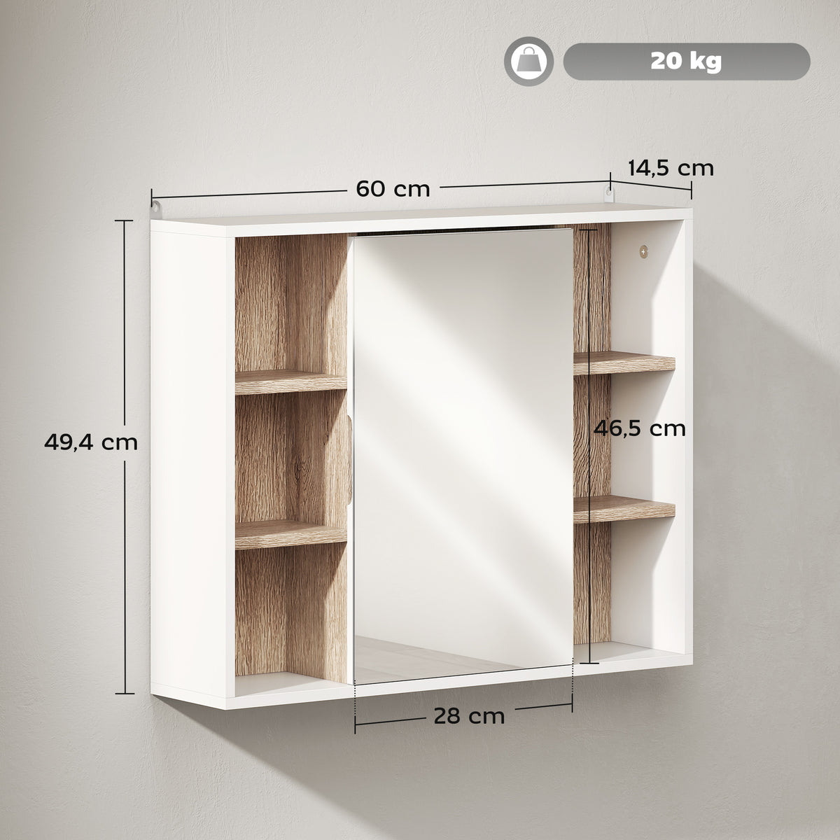 Armoire murale, meuble salle de bain avec miroir, miroir salle de bain avec rangement, placard à portes et 6 compartiments ouverts, 60 x 14,5 x 49,4 cm, blanc