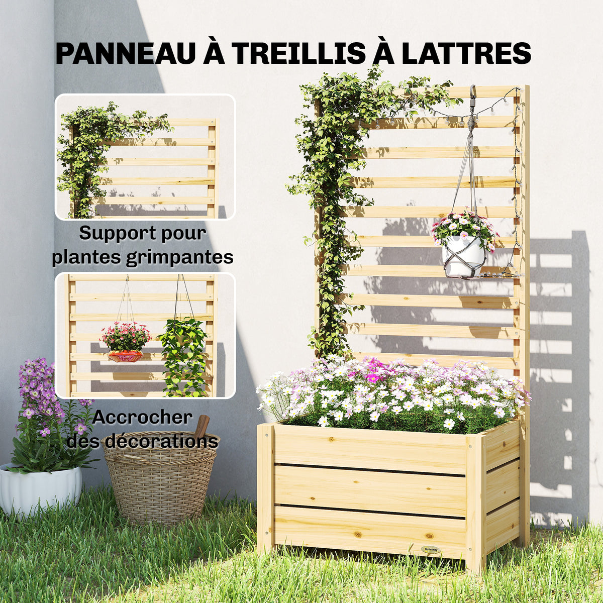 Jardinière avec treillis, bac à fleurs avec brise-vue, trou de drainage et doublure intérieure, 60 x 39 x 120 cm, bois naturel
