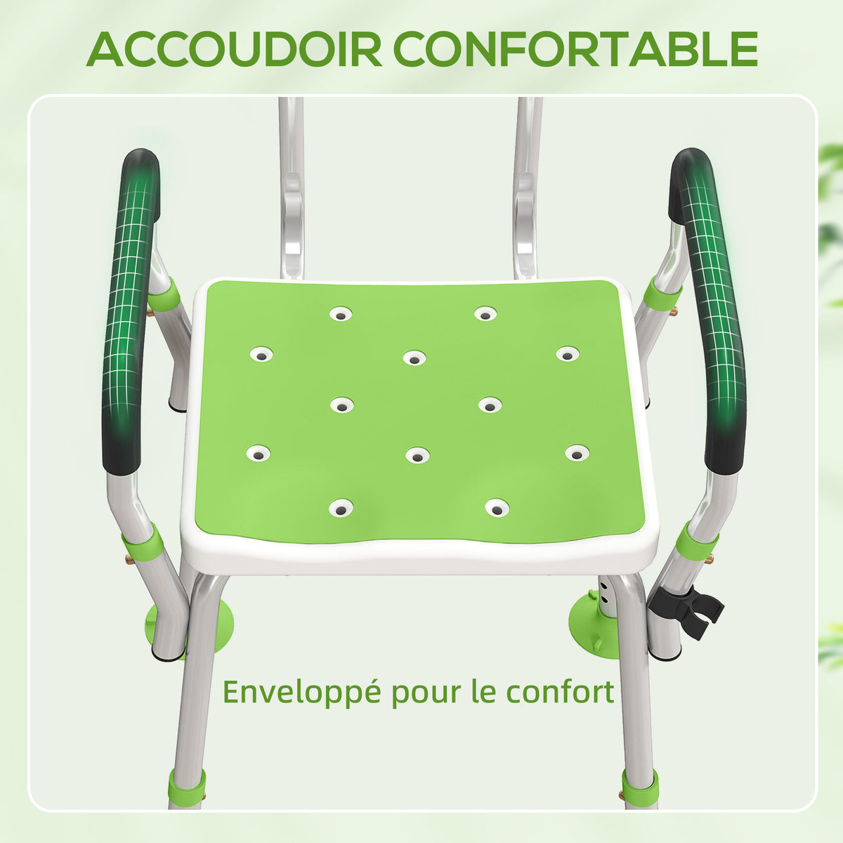 Tabouret de douche chaise de douche ergonomique hauteur réglable pieds antidérapants 56,5 x 53,5 x 87 cm blanc et vert