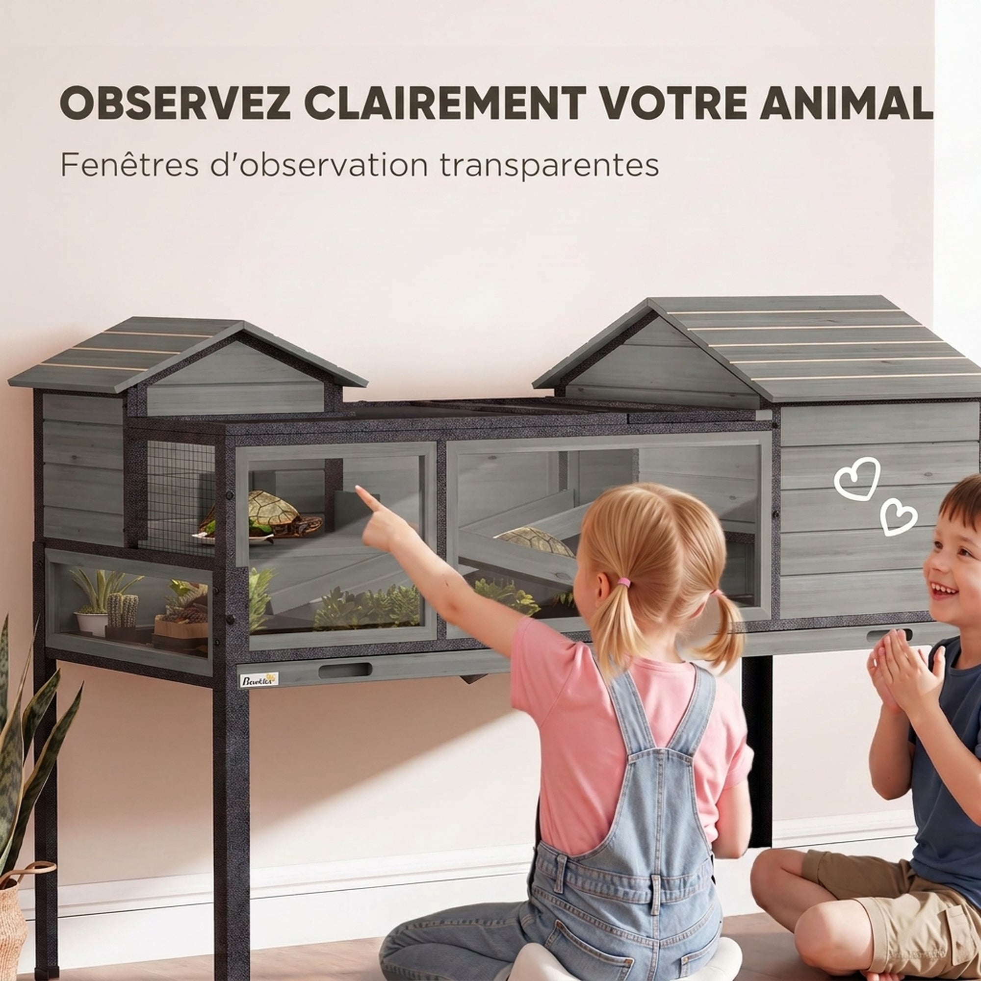 Maison pour tortues à 2 étages 2 chambres fenêtres rampes toit ouvrable et plateau 128 x 63 x 96 cm gris