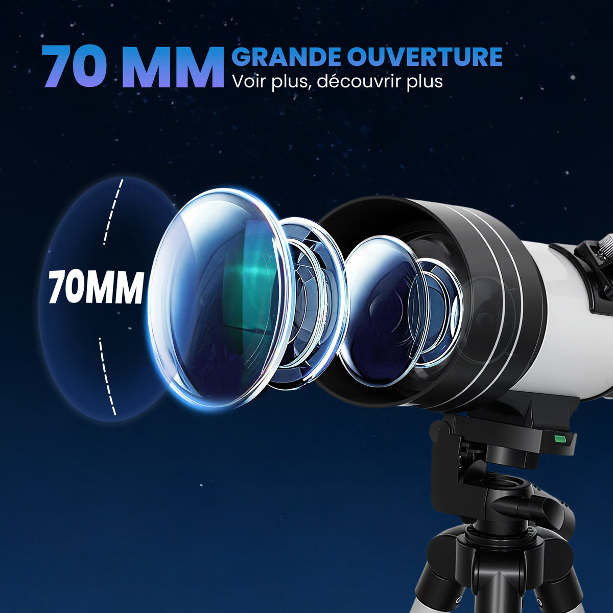 Télescope Astronomique 70 mm, Télescope Réfracteur 100X/50X/30X avec 3 Oculaires, Monture AZ 300 mm, 76x76x133cm, Blanc