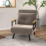 Fauteuil convertible 4 en 1 lit 1 place dossier 5 positions, accoudoirs en bois et coussin, tissu effet velours, marron