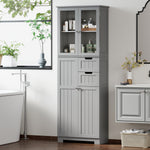 Meuble de salle de bain haut, meuble de rangement avec 4 portes dont 2 vitrées, 2 tiroirs et étagères réglables, gris