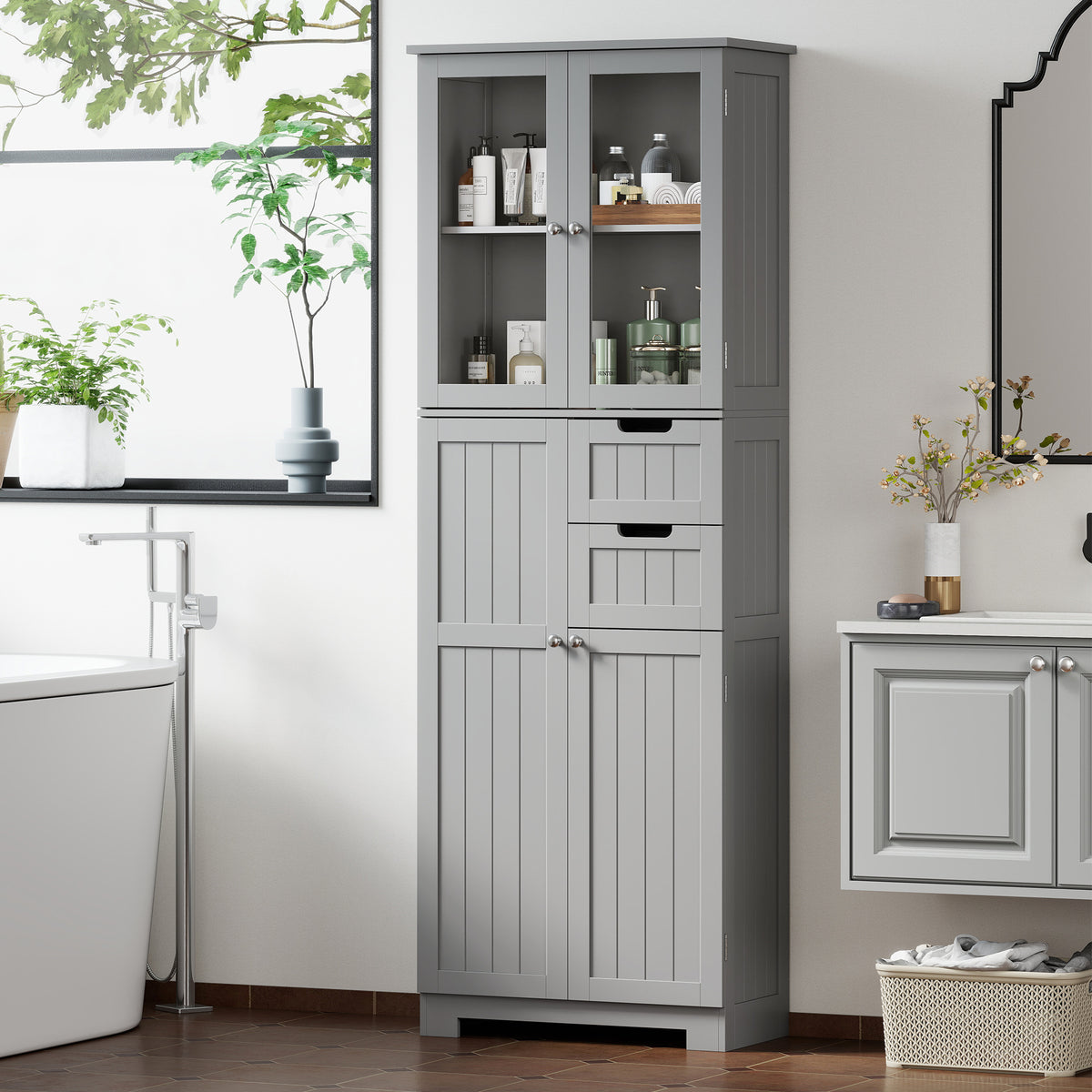 Meuble de salle de bain haut, meuble de rangement avec 4 portes dont 2 vitrées, 2 tiroirs et étagères réglables, gris