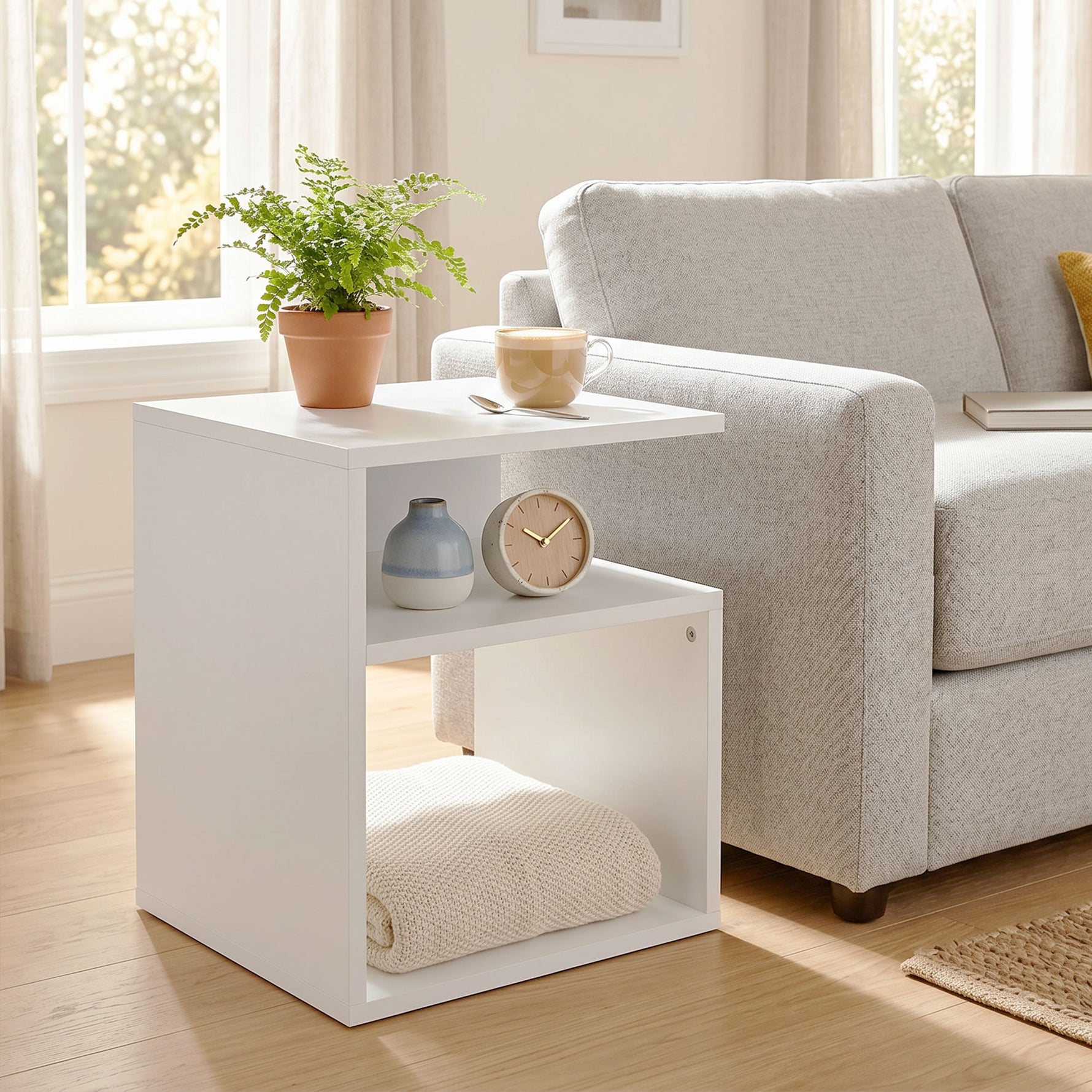 Table d'Appoint, Table Basse Moderne 3 Niveaux avec Étagères Ouvertes, pour Salon, Chambre ou Bureau, Blanc