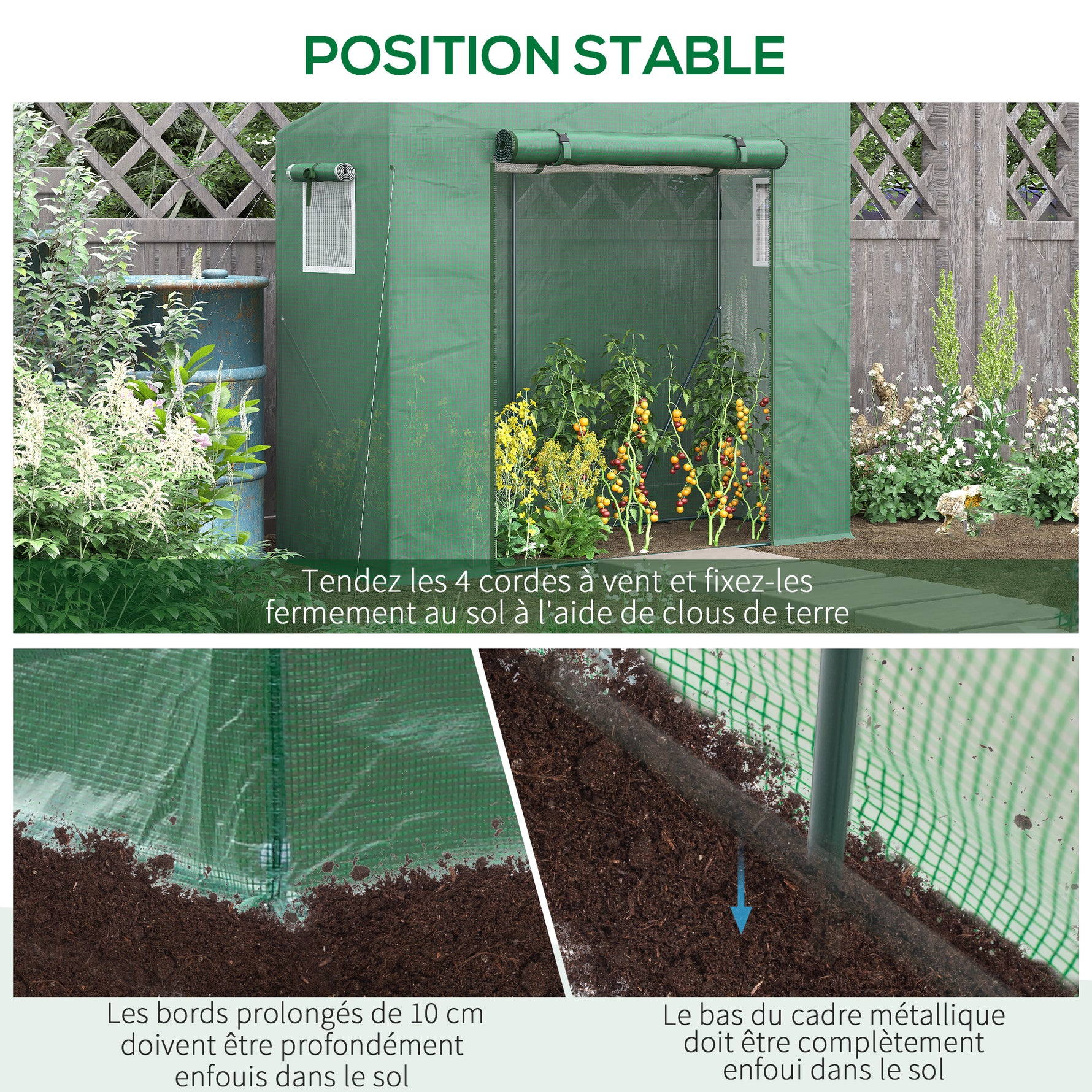 Serre de Jardin Anti-UV 2 fenêtres moustiquaires + Barres renforcement 200L x 77l x 169H cm Acier PE Vert
