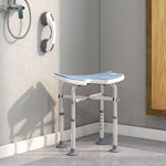 Taburete de ducha, altura ajustable de 39 a 51,5 cm, barra de apoyo con ventosa, patas con ventosas, azul claro