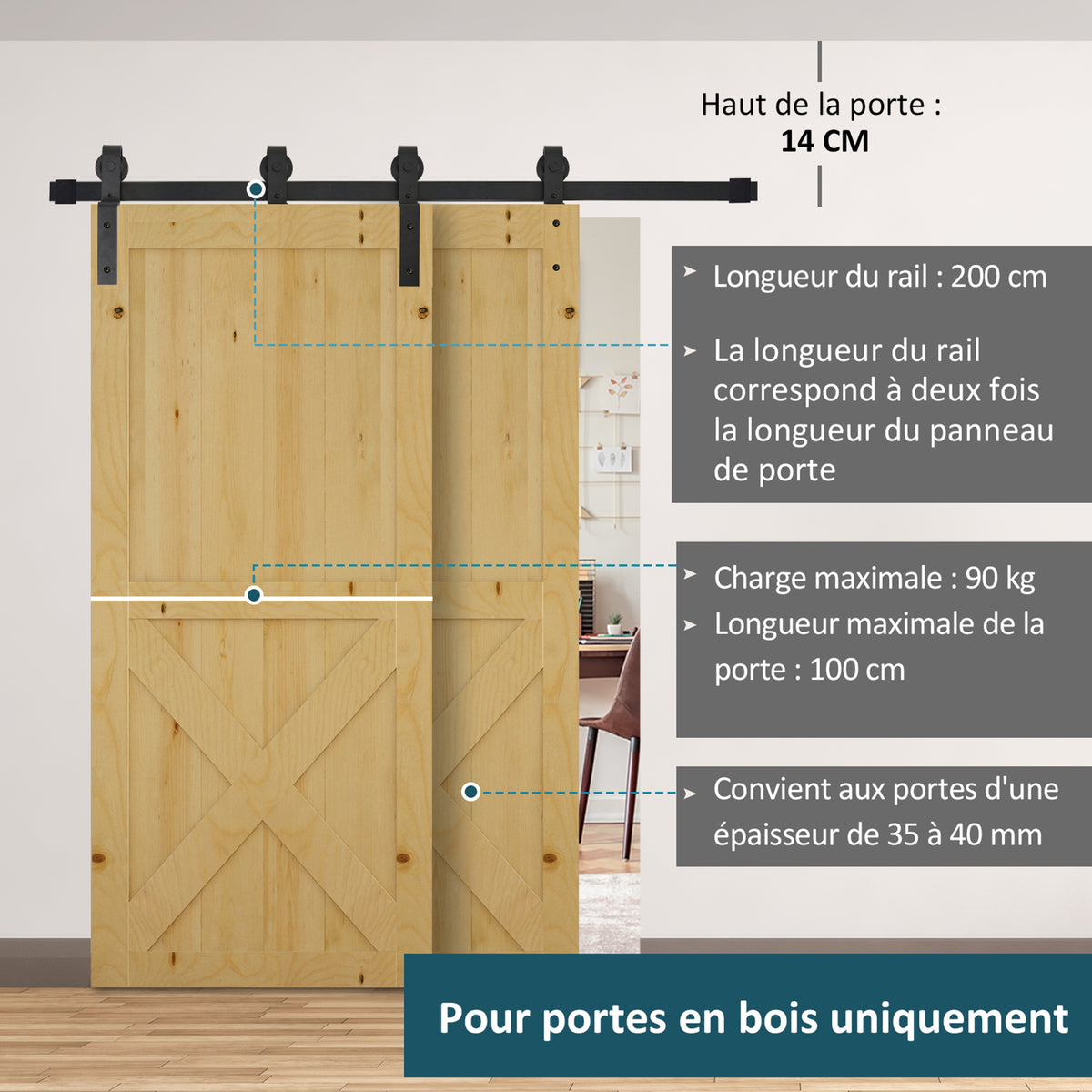 2M Kit porte coulissante de grange, rail porte coulissante double de 100 cm de large, épaisseur 35-40 mm, charge 90 kg