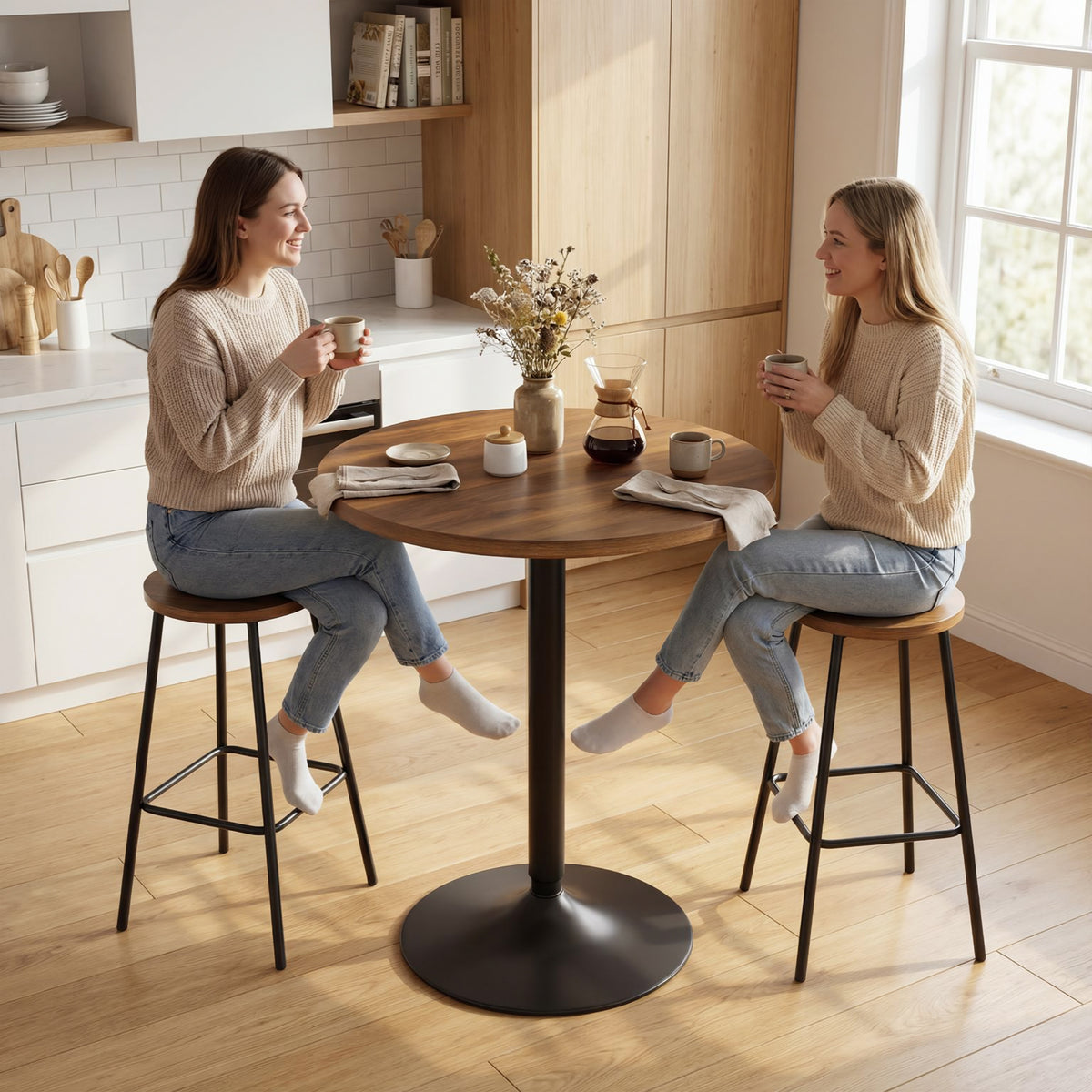 Table de bar ronde 60 cm, table haute cuisine mange-debout avec patins antidérapants, pour cuisine, salon, noyer