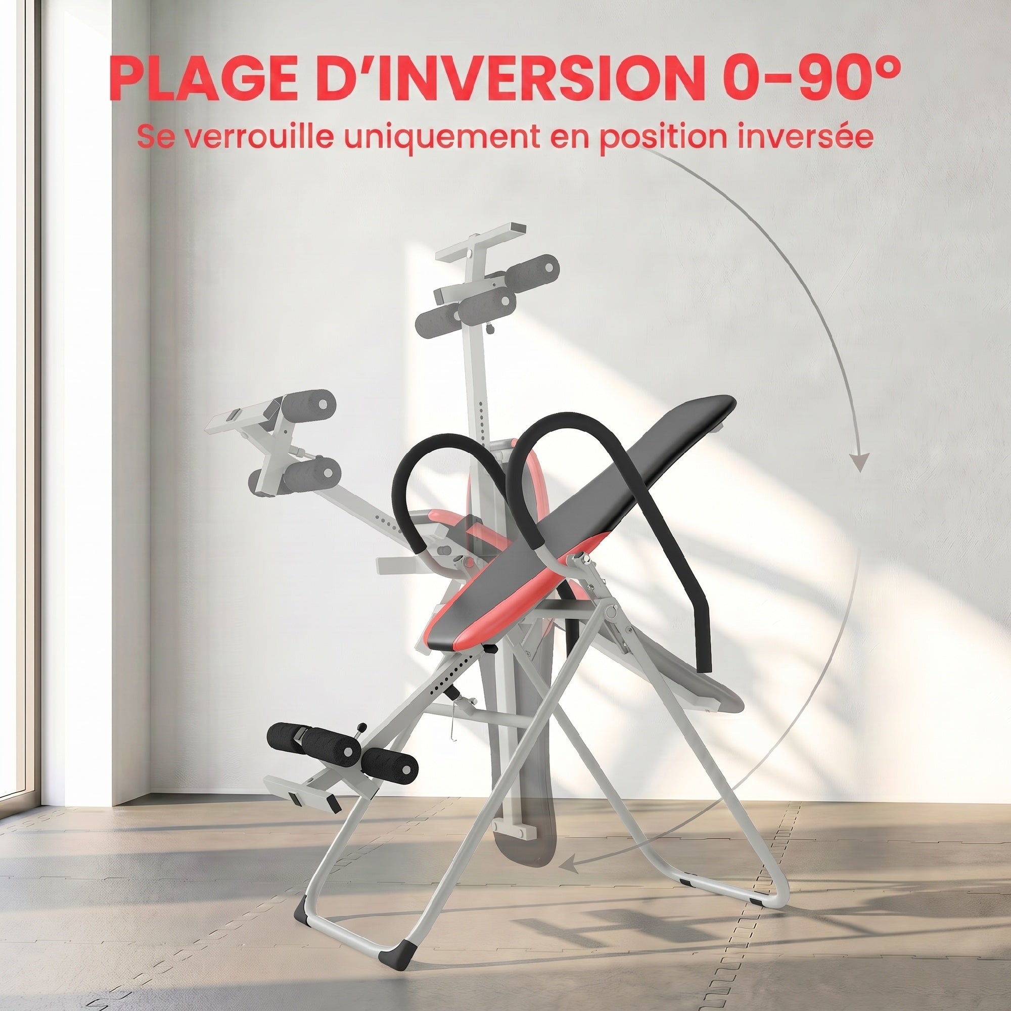 Table d'Inversion Pliable en Acier, Inversion 0-90°, Verrou de Cheville Réglable, 122x59x130cm, Rouge