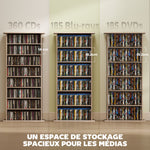 Rangements pour CD et DVD avec 8 compartiments et 6 étagères réglables, capacité max. 360 CD/185 DVD et Blu-ray, naturel