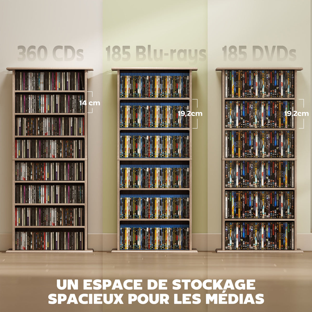 Rangements pour CD et DVD avec 8 compartiments et 6 étagères réglables, capacité max. 360 CD/185 DVD et Blu-ray, naturel