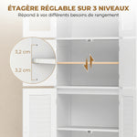 Meuble de salle de bain haut, meuble de rangement avec 6 portes dont 2 vitrées et 2 persiennes, étagère réglable, blanc