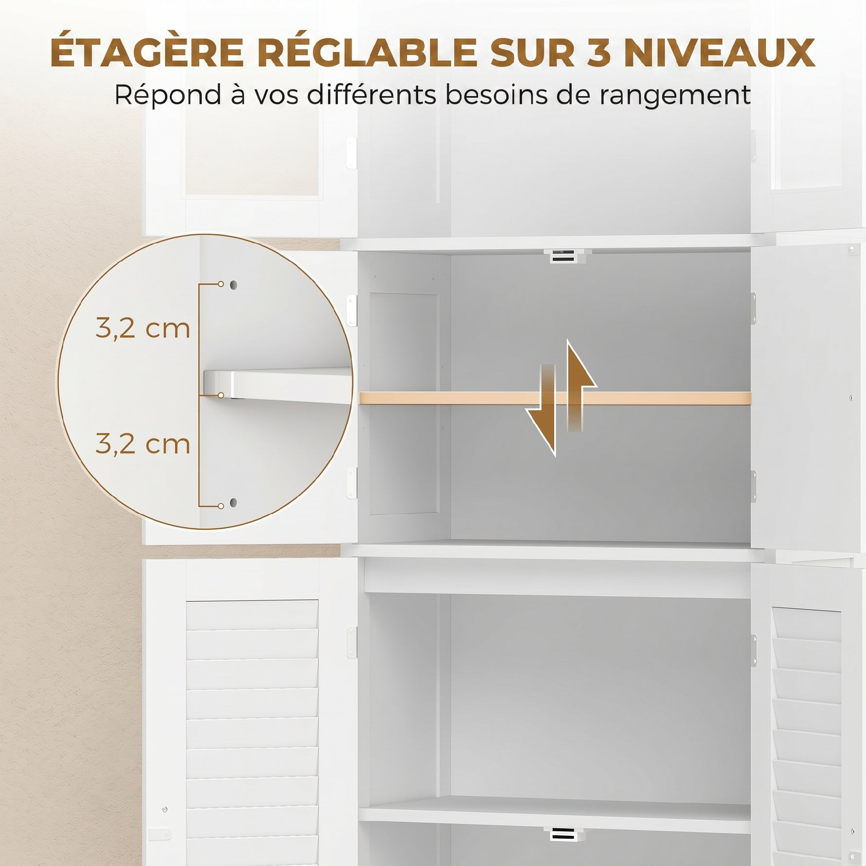 Meuble de salle de bain haut, meuble de rangement avec 6 portes dont 2 vitrées et 2 persiennes, étagère réglable, blanc