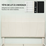 Cadre de lit double 140 x 190 cm lit 2 personnes tête de lit réglable sommier 150 x 198 x 101/106/111/116/121 cm crème
