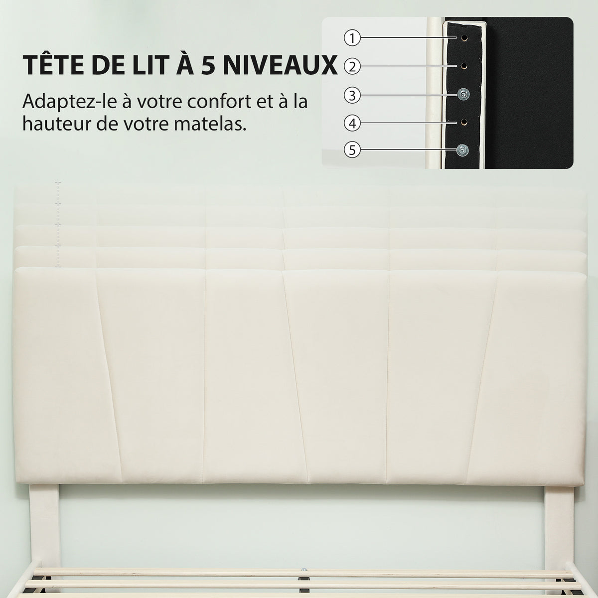 Cadre de lit double 140 x 190 cm lit 2 personnes tête de lit réglable sommier 150 x 198 x 101/106/111/116/121 cm crème