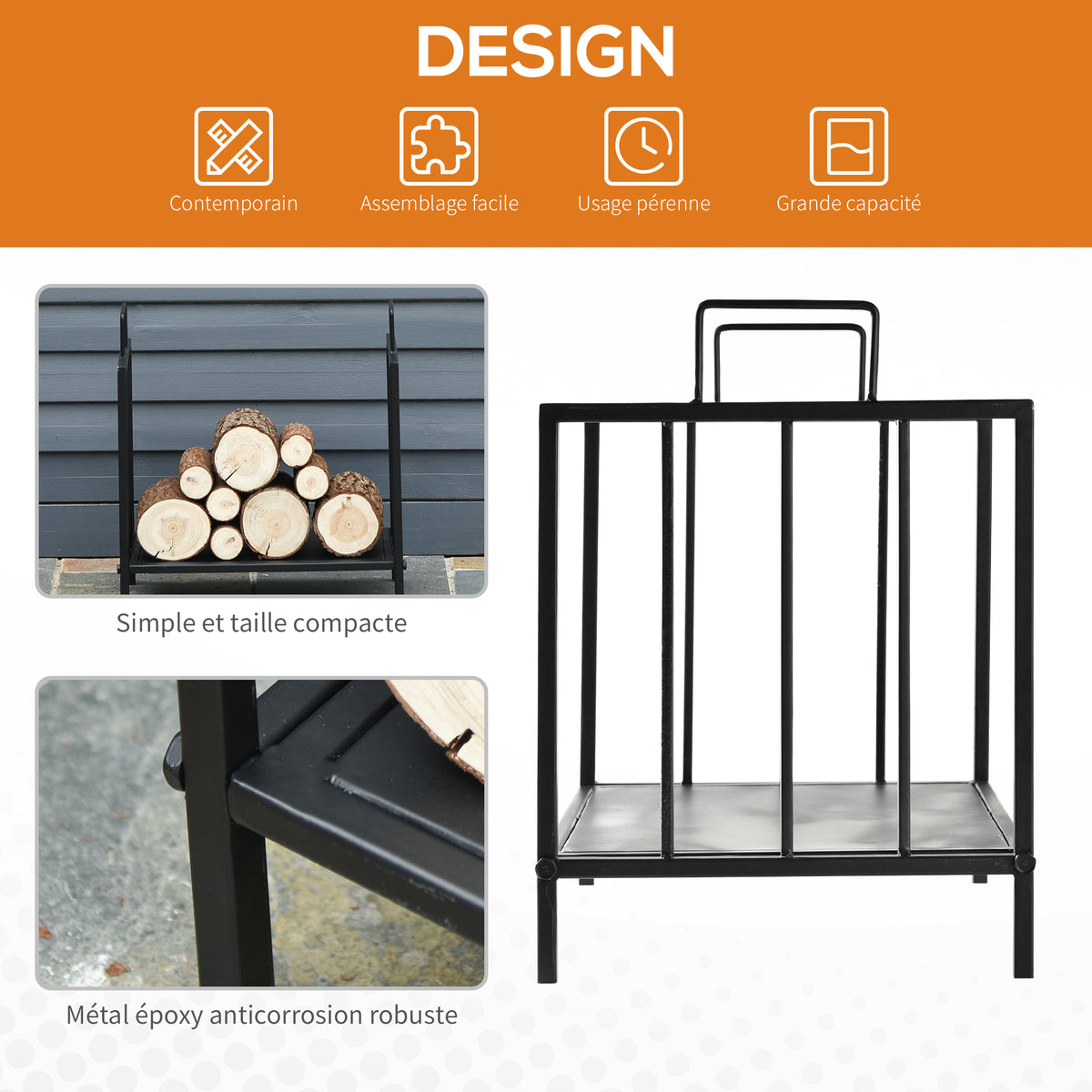 Range bûches Porte-bûches Etagère porte bois de cheminée charge max. 15 Kg dim. 44L x 33l x 46H cm métal époxy noir