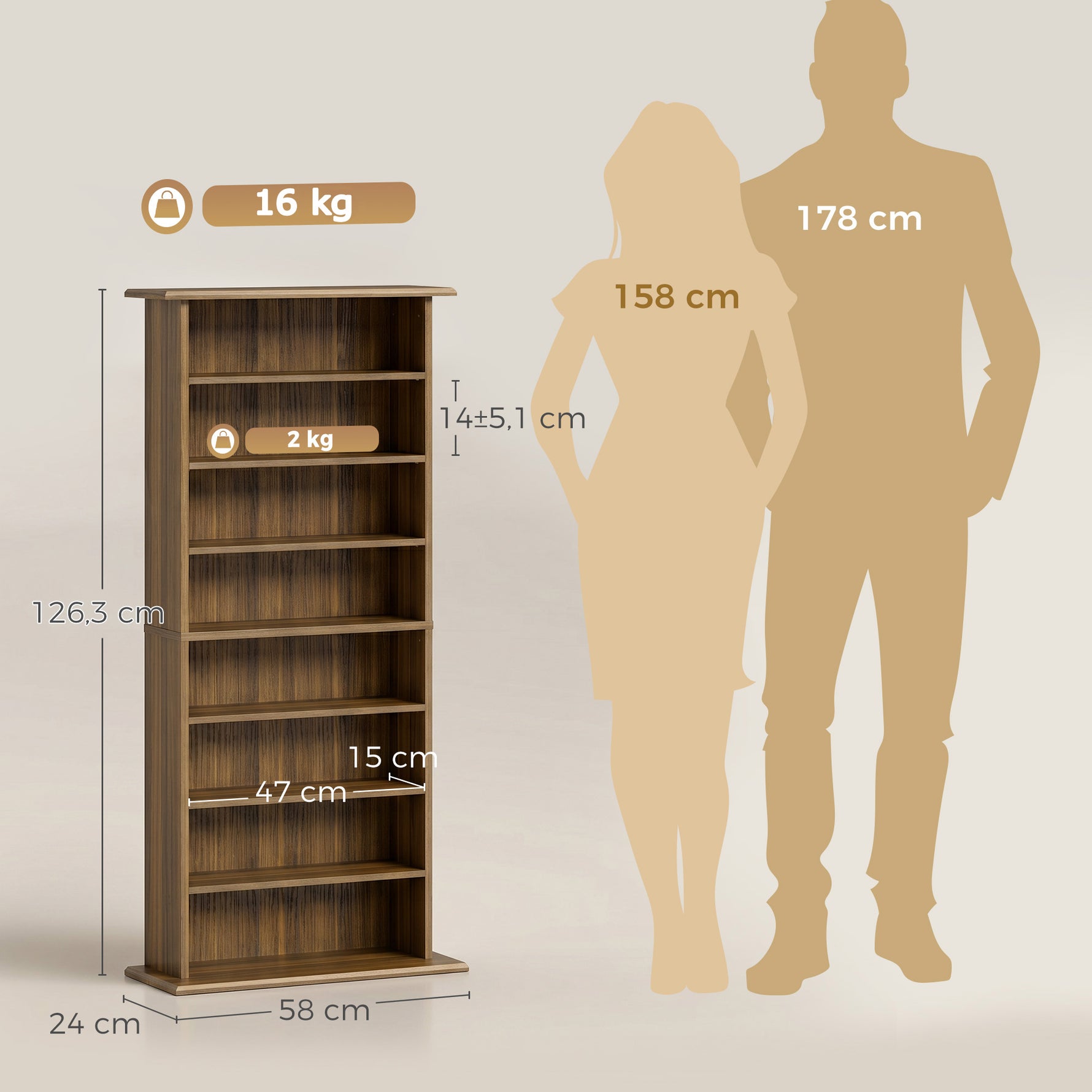 Rangements pour CD et DVD avec 8 compartiments et 6 étagères réglables, capacité max. 360 CD/185 DVD et Blu-ray, noyer