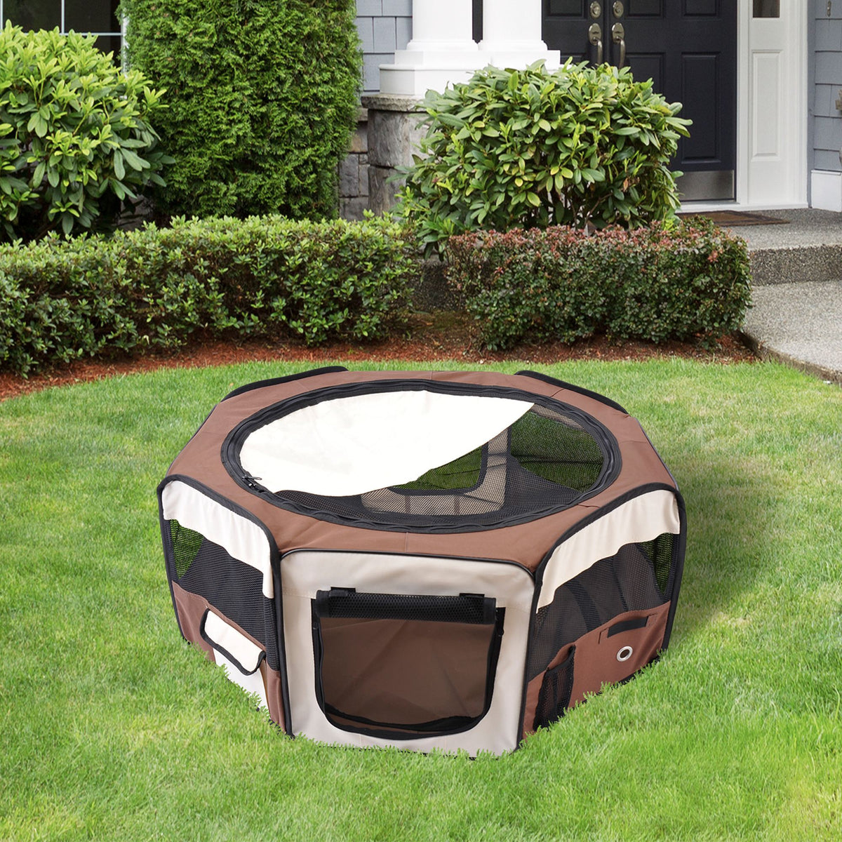 Parc enclos pliable pour chien chat petits animaux octogonal en tissu Oxford et acier Ø 90 x 41H cm marron beige