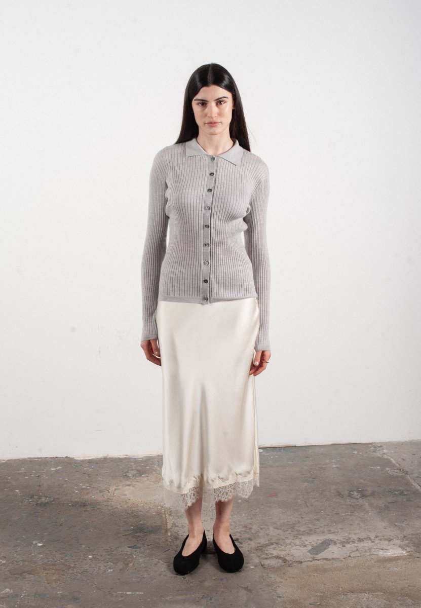 Chemise col polo manches longues en cachemire et laine ultrafin gris clair - FRIDA 4