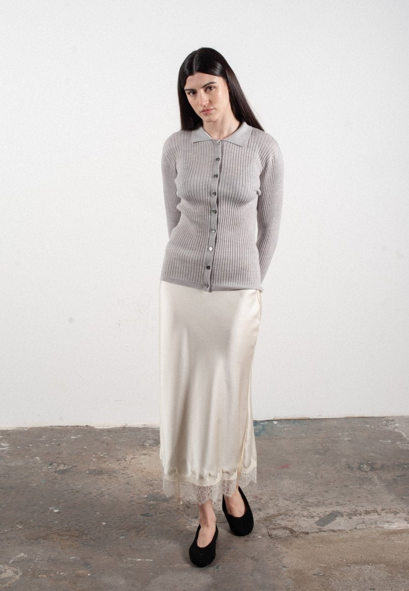 Chemise col polo manches longues en cachemire et laine ultrafin gris clair - FRIDA 4