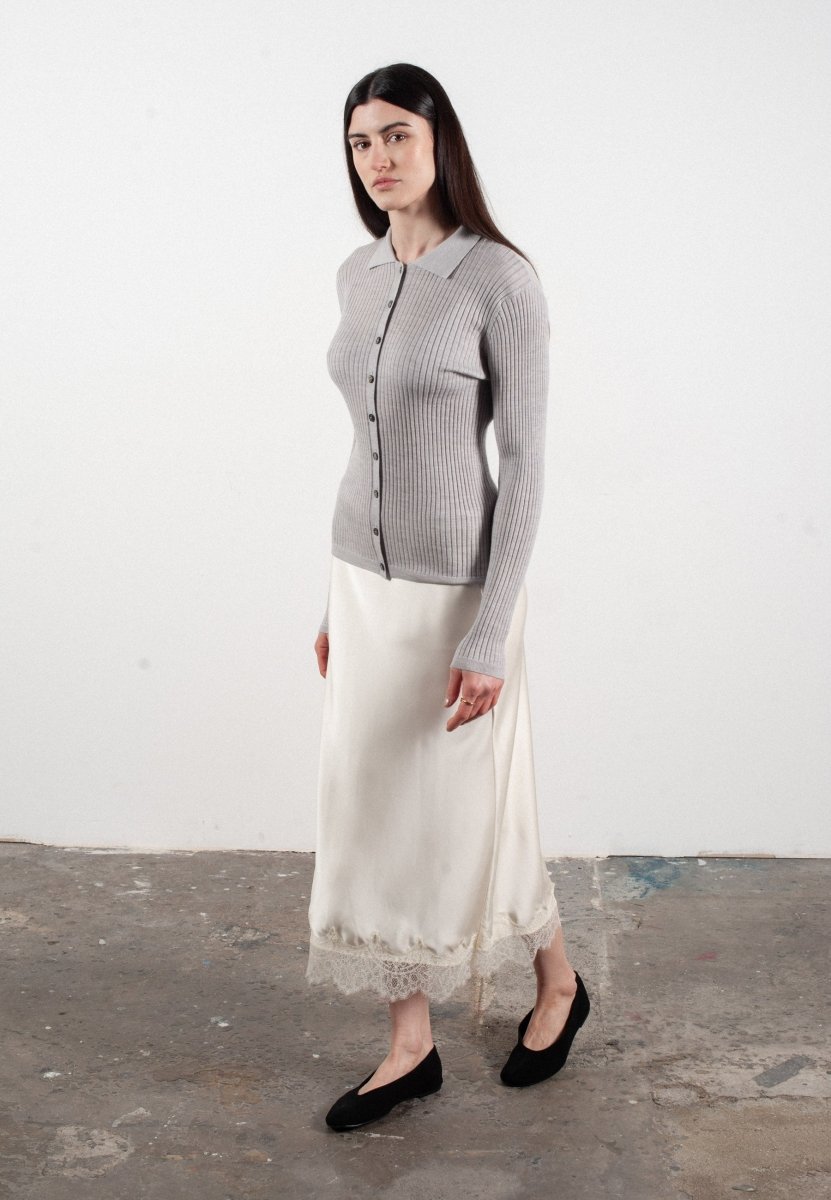 Chemise col polo manches longues en cachemire et laine ultrafin gris clair - FRIDA 4