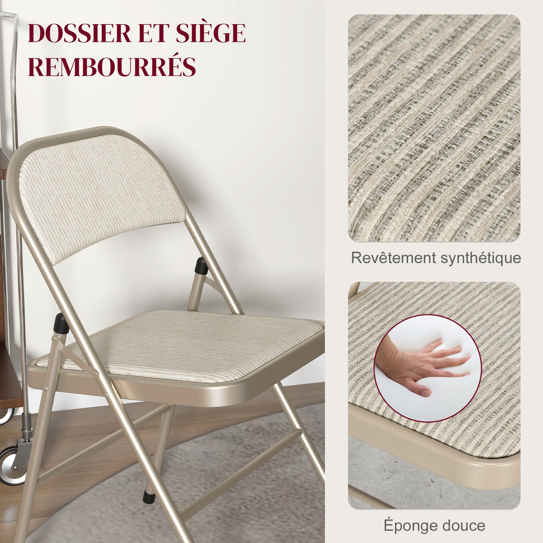 Lot de 4 chaises pliantes chaises de salle à manger portables cadre en acier dim. 45l x 46P x 78H cm beige