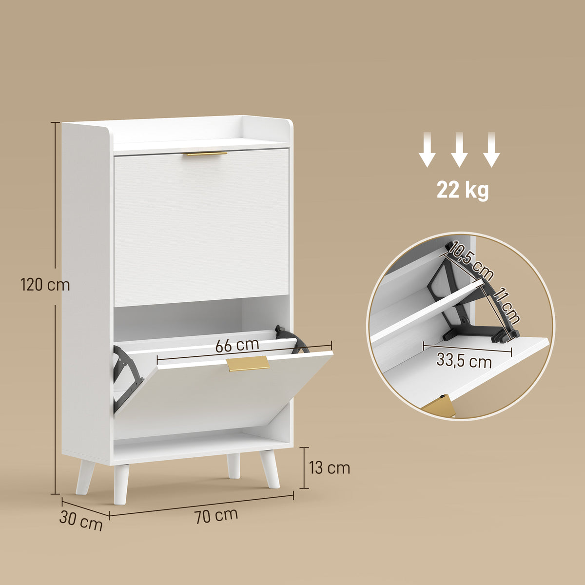 Meuble à chaussures 12 paires, armoire à chaussures étroite avec 2 tiroirs rabattables, étagères réglables, blanc