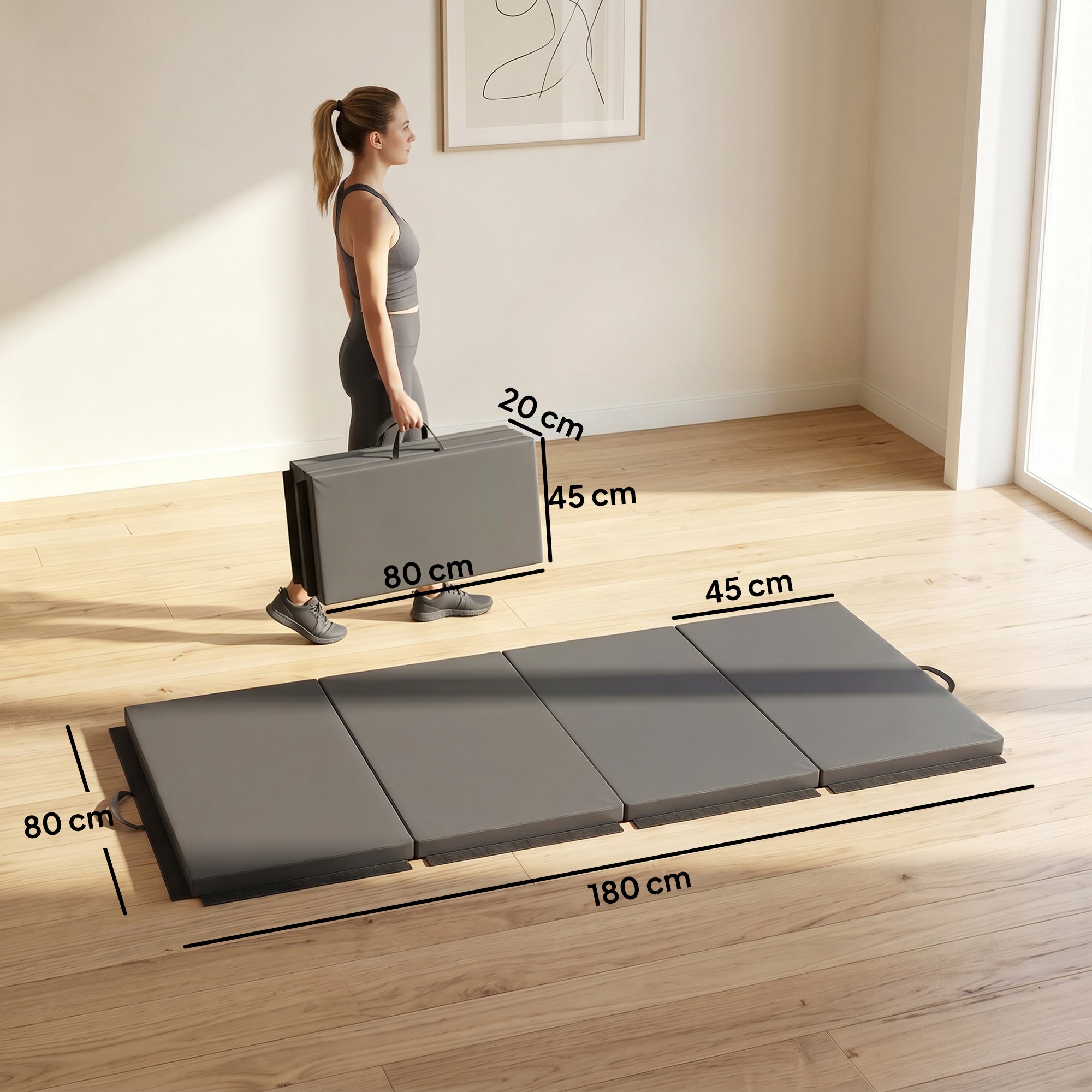Tapis de gymnastique yoga pilates fitness pliable en 4 avec poignées revêtement synthétique 180 x 80 x 5 cm gris
