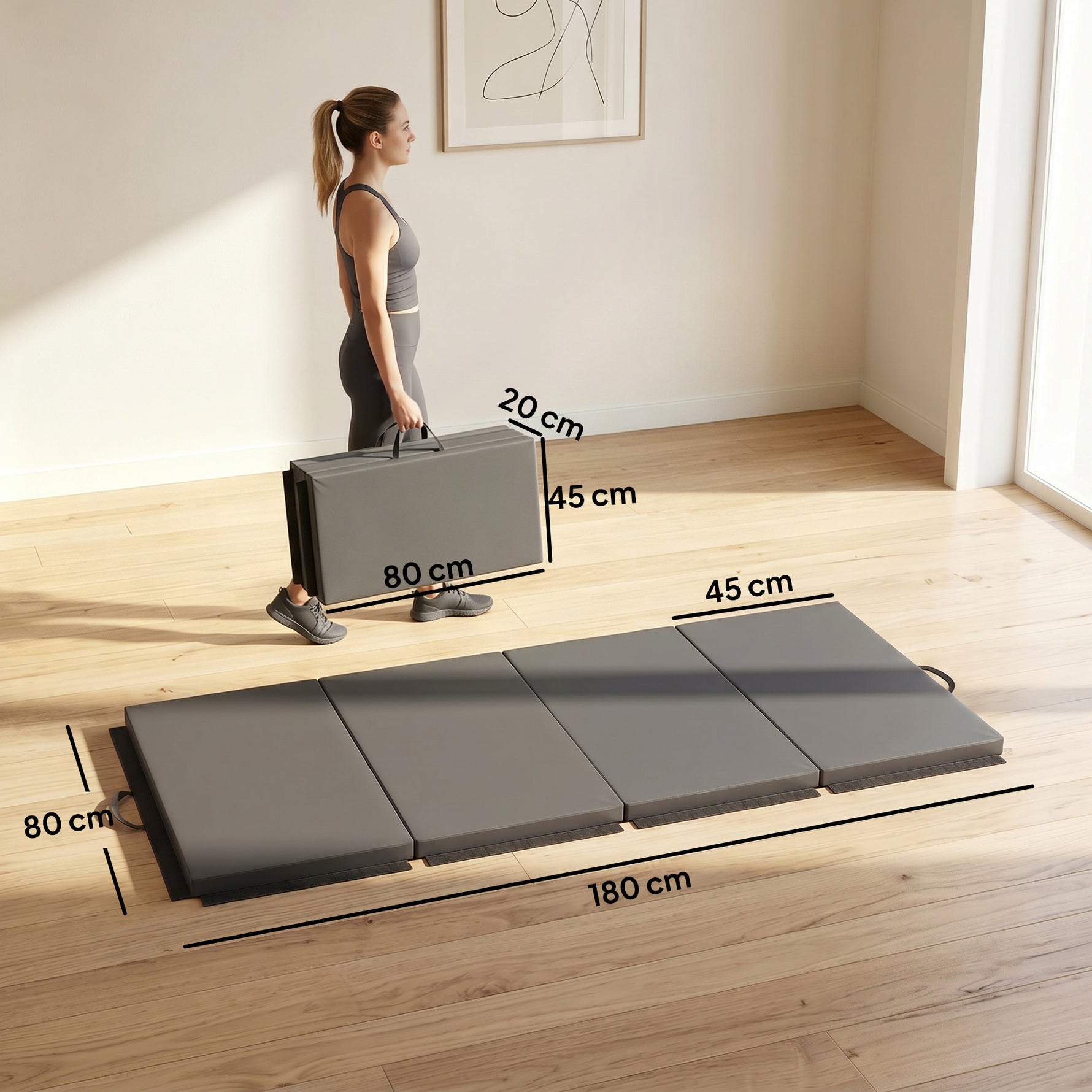 Tapis de gymnastique yoga pilates fitness pliable en 4 avec poignées revêtement synthétique 180 x 80 x 5 cm gris