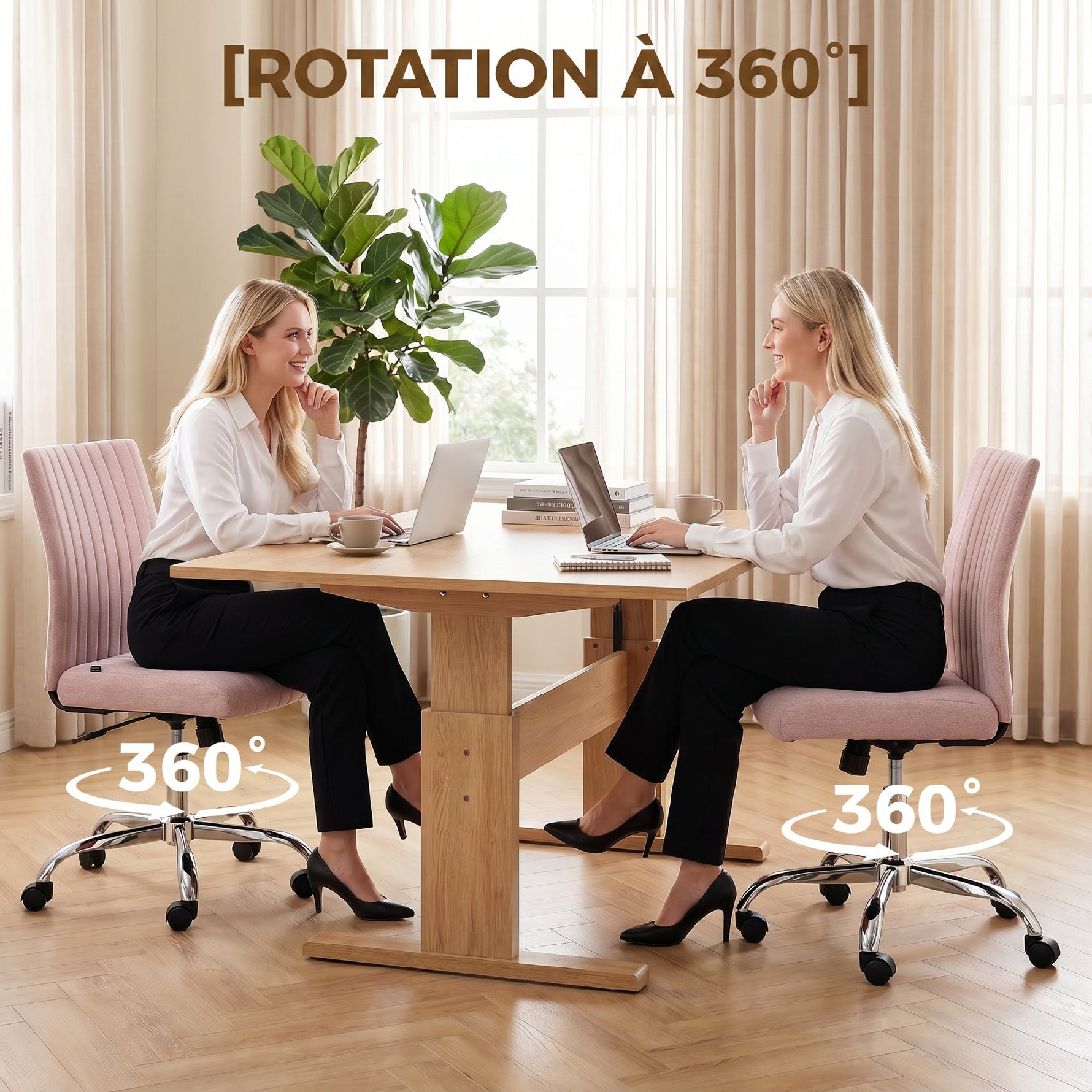 Chaise de bureau sans accoudoirs, fauteuil de bureau, hauteur réglable et pivotant 360°, 43 x 56 x 89-99 cm, rose
