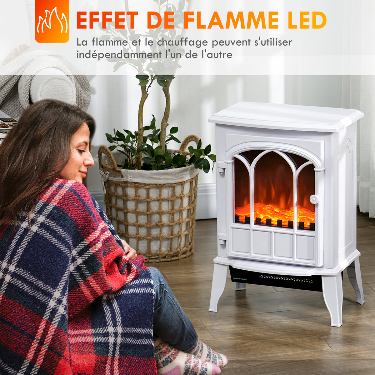 Cheminée électrique sur pied 1000/2000 W, fausse cheminée décorative avec effet flamme LED, blanc