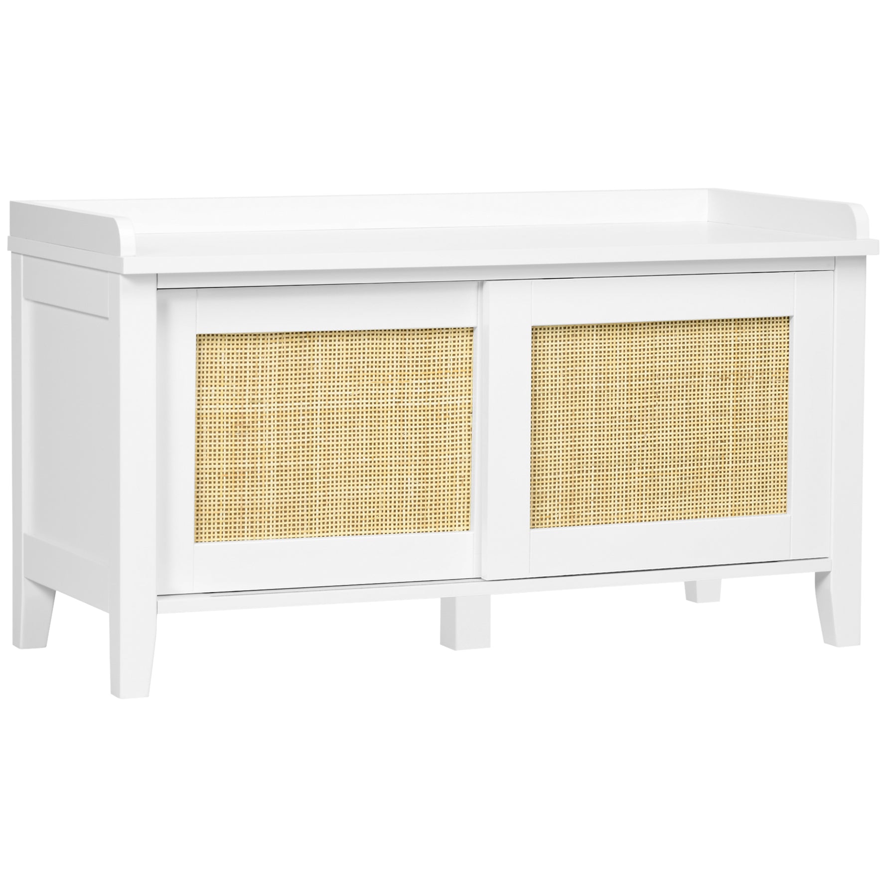 Banc à chaussures meuble de rangement avec porte coulissante et façades rotin tissé 80 x 35 x 45 cm blanc